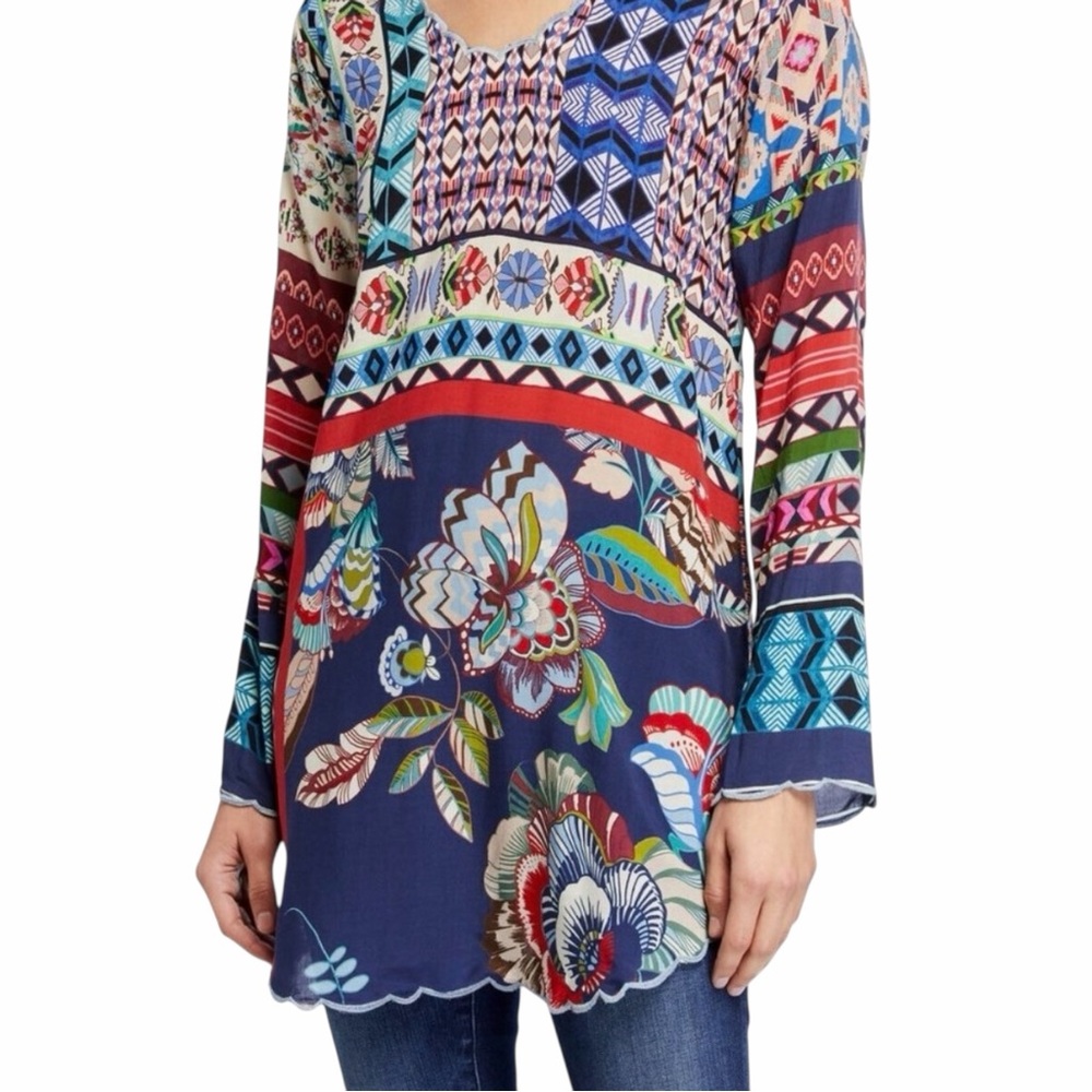 Johnny Was Otisenia Printed Scalloped Hem Tunic Top Blouse Shirt size XS